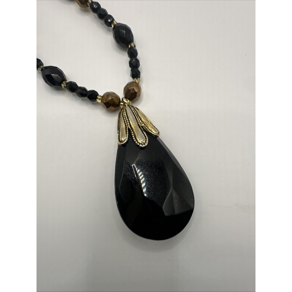 Long Black Faceted Bead Teardrop Pendant Necklace Gold Tone Statement Vintage